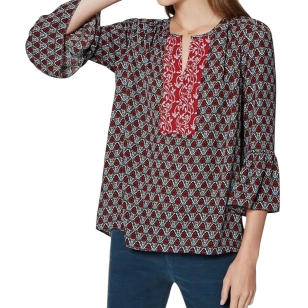 LOFT Boho Floral Pattern Top 3/4 Bell Sleeve Light Blue Green Red & Black Size M